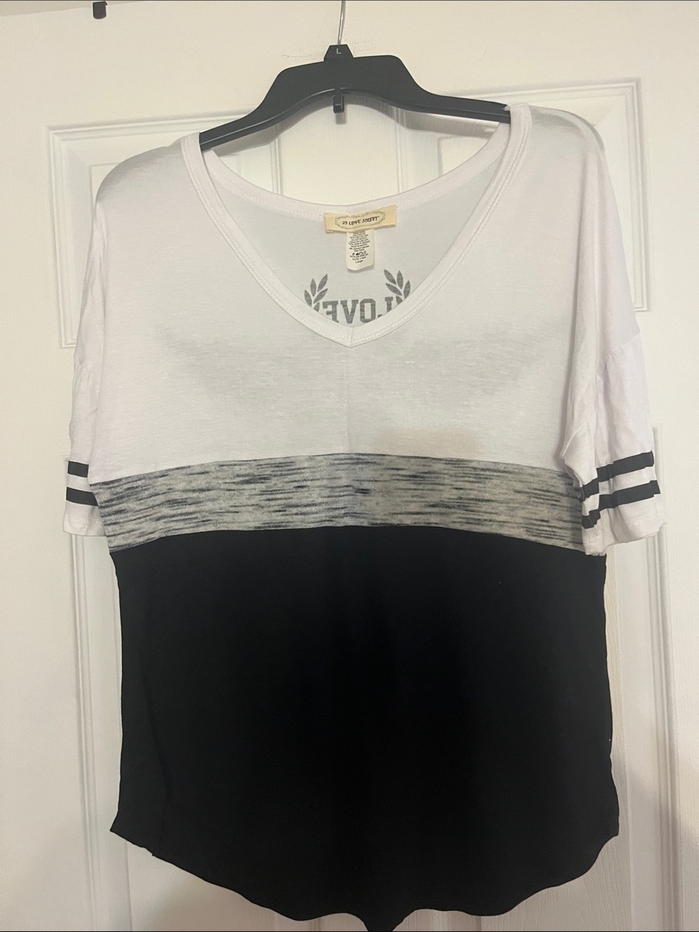 Love V-Neck Colorblock Short Sleeve Top - White, Gray & Black